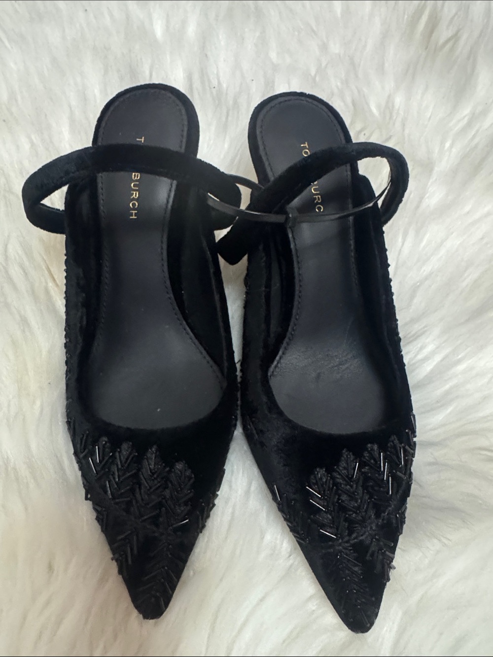 Tory Burch Black Velvet Pointed Slingback Heels with Bead Detail